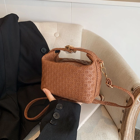 Woven Texture PU Leather Shoulder Crossbody Bag With Gold Buckle Retro Elegant Small Square Handbag For Women
