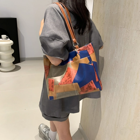 Borsa Tote Patchwork Retrò Grande Capacità Borsa A Tracolla Pelle PU Donna Quotidiana Blocco Colore Geometrico Moda