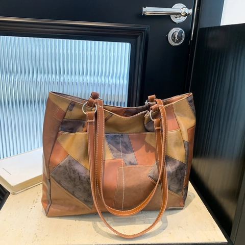 Borsa Tote Patchwork Retrò Grande Capacità Borsa A Tracolla Pelle PU Donna Quotidiana Blocco Colore Geometrico Moda