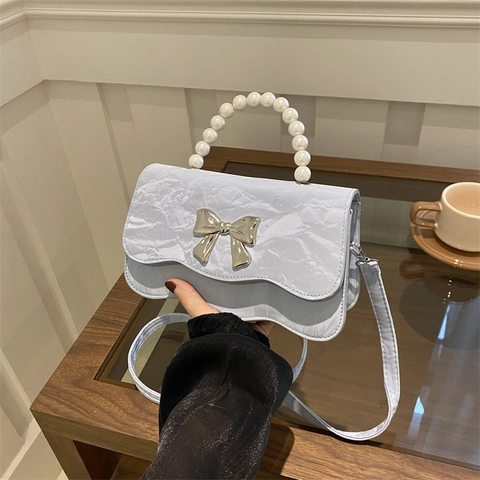 Women Artificial Pearl Handle Shoulder Bag PU Leather Bowknot Wrinkled Texture Wavy Edge Crossbody Handbag For Daily Party