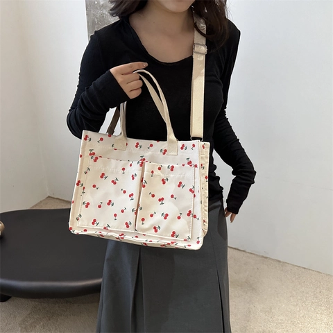 Kirschdruck Große Kapazität Nylon Tragetasche Für Damen Mit Vordertaschen Studenten Casual Umhängetasche Handtasche Alltag