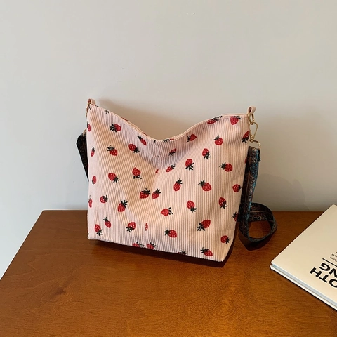 Women Corduroy Shoulder Bag Strawberry Print Large Capacity Tote Bag Ethnic Wide Strap Retro Daily Crossbody Bag