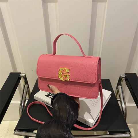 Women Shoulder Bag PU Leather Lychee Pattern Gold Metal Buckle Small Square Handbag Crossbody Bag For Daily Use