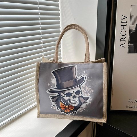 Gothic Skull Gentleman Print Canvas Tote Bag Large Capacity Jute Handle Shoulder Bag With Magnetic Buckle Inner Pocket Women Fashion Handbag