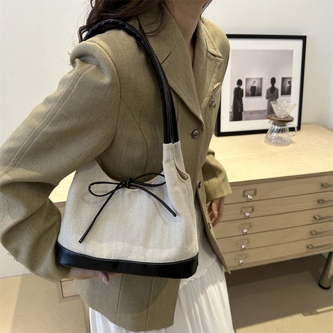 Borsa a Spalla da Donna in Tela a Spina di Pesce Contrasto Pelle PU Fiocco Decor Borsa Sotto l'Ascella Vintage Minimalista