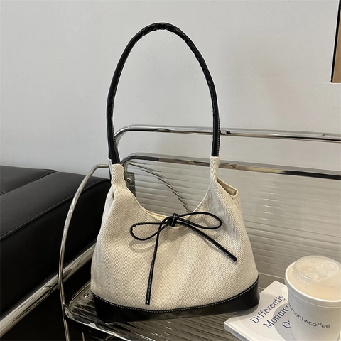 Borsa a Spalla da Donna in Tela a Spina di Pesce Contrasto Pelle PU Fiocco Decor Borsa Sotto l'Ascella Vintage Minimalista