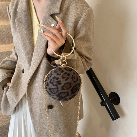 Damen Abendtasche Mit Leopardenmuster Kugelform Eleganter Strass-Ringgriff Metallkette Schultertasche Mode Vintage PU
