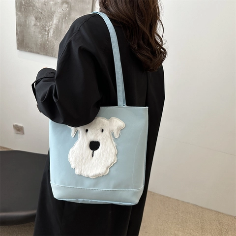 Dames Grote Capaciteit PU Leer Tote Tas Casual Woon-werk Schoudertas Schattige Pluche Hond Applicatie Handtas Mode Reistas