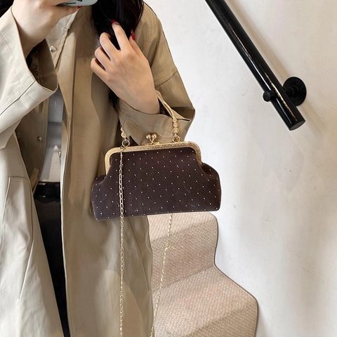 Borsa da Sera Vintage in Velluto Con Tracolla a Catena d'Oro Strass Pois Chiusura a Scatto Borsa a Conchiglia per Donna Festa