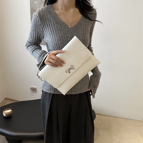 Women Fashion PU Leather Envelope Clutch Bag With Metal Bowknot Korean Style Solid Color Underarm Shoulder Bag Daily Party Handbag