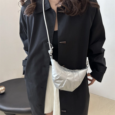 Croissant Shoulder Bag PU Leather Stitched Quilted Dumpling Shape Knotted Strap Crossbody Minimalist For Women