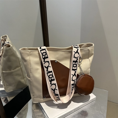 Women Large Canvas Tote Bag Contrast Patchwork Shoulder Bag With Round Coin Purse Wide Letter Printed Strap Fashion Handbag