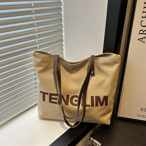 Borsa Tote In Tela Di Grande Capacità Stampa Lettere Retrò Borsa A Spalla Versatile Moda Pendolare Per Donne