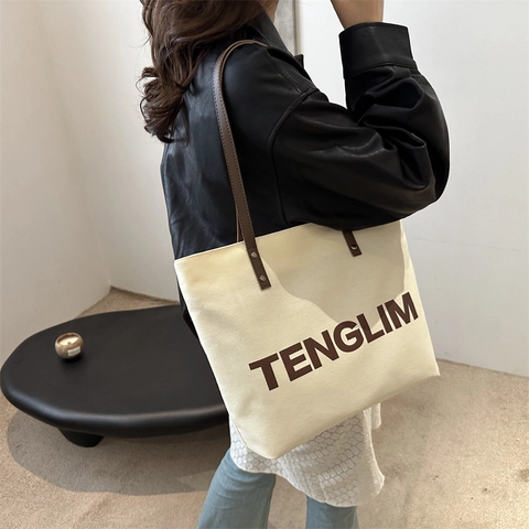 Borsa Tote In Tela Di Grande Capacità Stampa Lettere Retrò Borsa A Spalla Versatile Moda Pendolare Per Donne