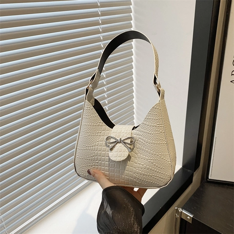 Sac Sous le Bras Minimaliste en Cuir PU pour Femme avec Motif Crocodile et Nœud en Métal Sac à Bandoulière Mode Hobo