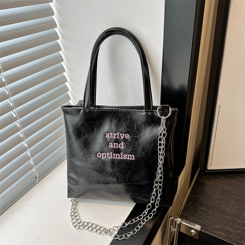 Bolso Tote de Cuero PU para Mujer con Bordado de Letras Rosas Correa de Cadena de Metal Bolso de Hombro Cuadrado Pequeño Retro