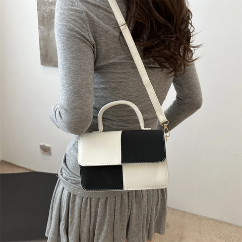 Bolso de Hombro de Cuero PU de Bloque de Color de Moda para Mujer Bolso de Mano de Patchwork de Contraste Elegante Bolso Cuadrado