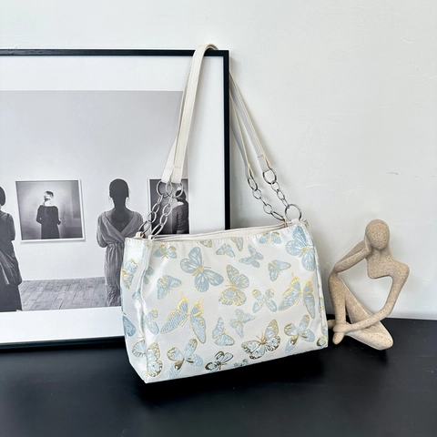 Borsa A Spalla Donna Stampata Farfalla Bambù Floreale Tessuto PU Tracolla Catena Metallo Retro Elegante Borsa Tote Chic