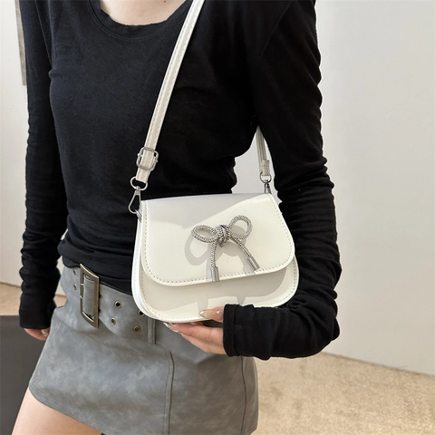 Women PU Leather Crossbody Bag Fashion Rhinestone Bow Saddle Shoulder Handbag Small Elegant Purses