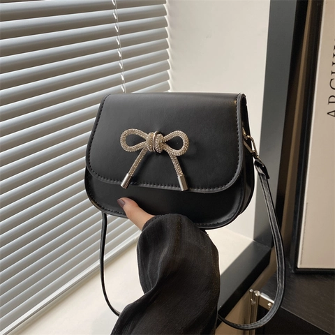 Women PU Leather Crossbody Bag Fashion Rhinestone Bow Saddle Shoulder Handbag Small Elegant Purses