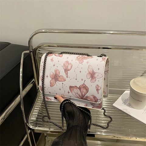 Trendy Butterfly Constellation Print Chain Shoulder Bag Women PU Leather Small Square Flap Crossbody Bag Retro Chic Style Handbag