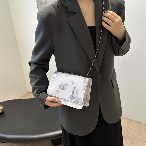 Trendy Butterfly Constellation Print Chain Shoulder Bag Women PU Leather Small Square Flap Crossbody Bag Retro Chic Style Handbag