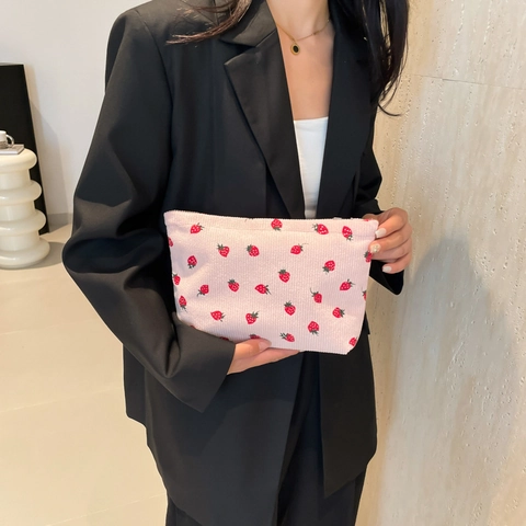 Strawberry Print Corduroy Cosmetic Bag Travel Makeup Pouch Zipper Storage Clutch Handbag Cute Organizer