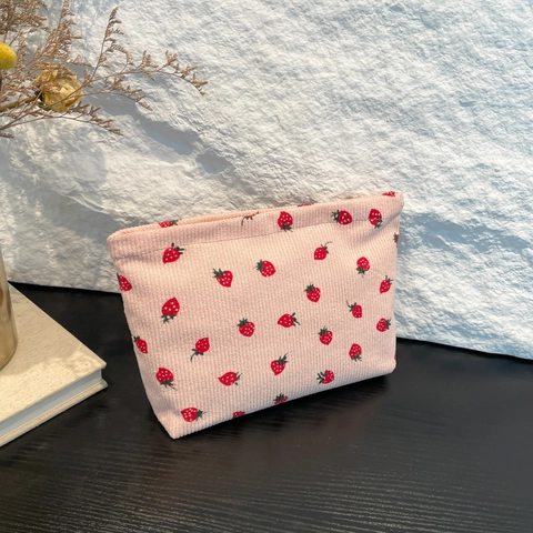 Strawberry Print Corduroy Cosmetic Bag Travel Makeup Pouch Zipper Storage Clutch Handbag Cute Organizer