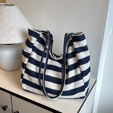 Streifen Canvas Tragetasche Große Kapazität Lässige Schulterhandtasche Minimalistische Horizontale Streifen Reißverschluss Für Frauen