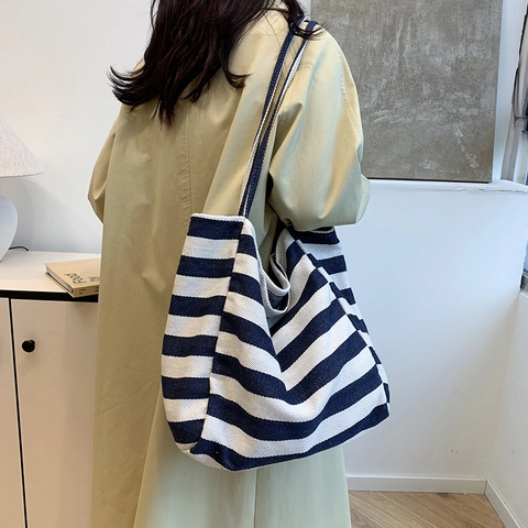 Borsa Tote da Donna in Tela a Righe Grande Capacità Blu Navy Nero Bianco Borsa a Tracolla a Righe Stile Coreano Shopping Bag
