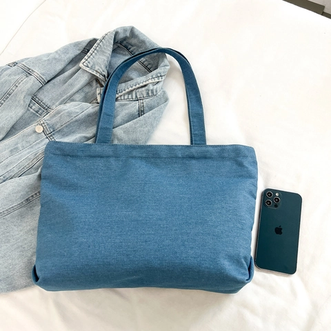 Women Large Denim Tote Bag Casual Simple Shoulder Bag For Commuting Shopping Korean Fashion Zipper Closure Handbag
