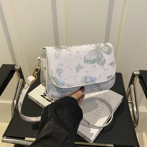 Borsa a Tracolla Piccola Quadrata in Pelle PU con Stampa a Farfalla Borsa a Patta Elegante da Donna con Tracolla Regolabile