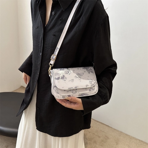 Borsa a Tracolla Piccola Quadrata in Pelle PU con Stampa a Farfalla Borsa a Patta Elegante da Donna con Tracolla Regolabile