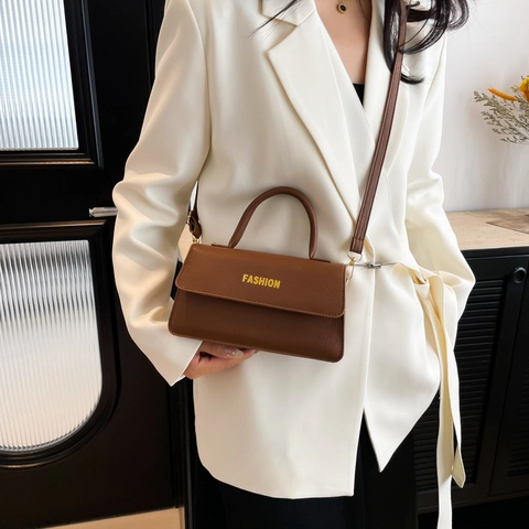 Borsa a Spalla Vintage da Donna in Pelle PU con Motivo a Litchi e Stampa di Lettere Piccola Borsa a Tracolla Quadrata