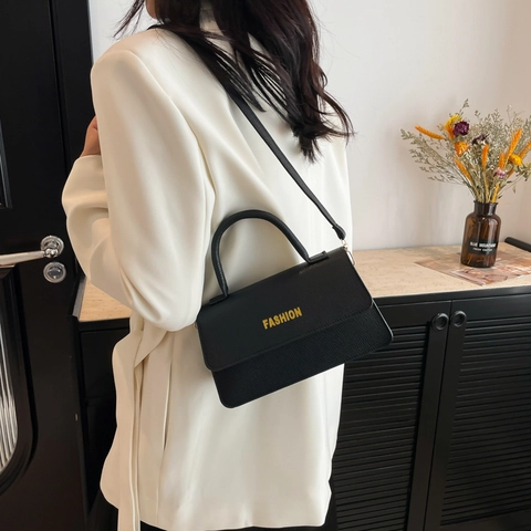 Borsa a Spalla Vintage da Donna in Pelle PU con Motivo a Litchi e Stampa di Lettere Piccola Borsa a Tracolla Quadrata