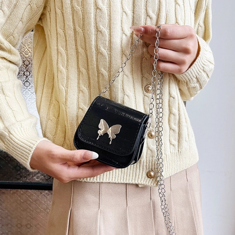 Mini Umhängetasche Damen Mit Schmetterling Dekor Kettengurt PU Leder Retro Trendige Kleine Schultertasche