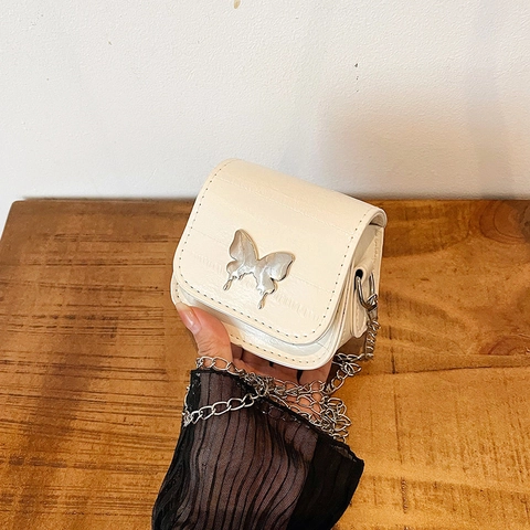Mini Umhängetasche Damen Mit Schmetterling Dekor Kettengurt PU Leder Retro Trendige Kleine Schultertasche