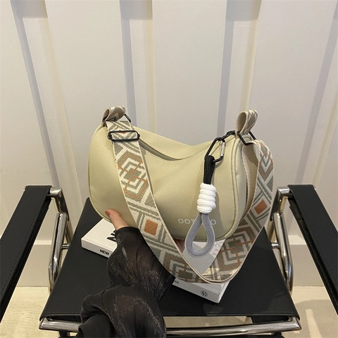 Borsa a Spalla Donna Casual Nylon Tela Tracolla Larga Etnica Geometrica Bauletto Crossbody Grande Capacità con Nodo