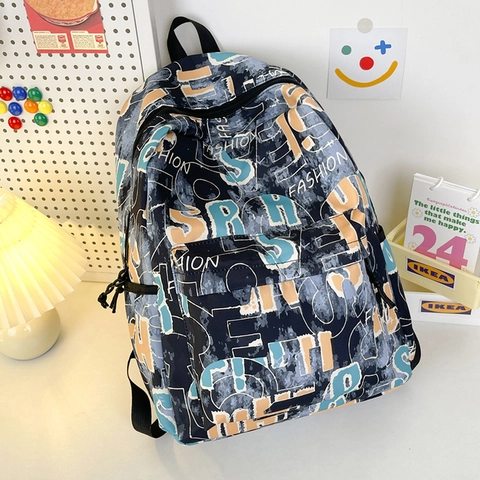 Women Men Graffiti Letter Print Nylon Backpack Large Capacity School Travel Bag Streetwear Casual Daypack For College Students