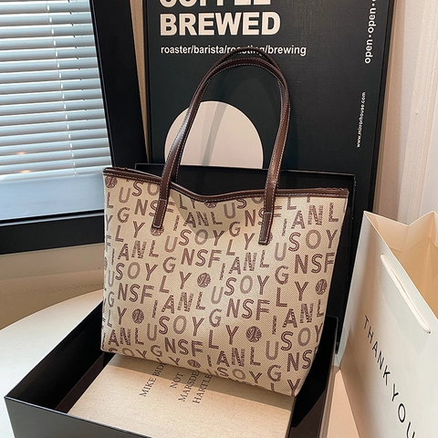 Women Fashion PU Leather Large Capacity Tote Bag Letter Printed Urban Commuter Shoulder Handbag Daily Travel Satchel