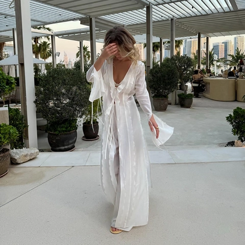 Conjunto de Dos Piezas para Mujer Sexy Transparente para Vacaciones en la Playa Bata Cover Up con Cordones y Pantalón Ancho