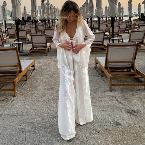 Conjunto de Dos Piezas para Mujer Sexy Transparente para Vacaciones en la Playa Bata Cover Up con Cordones y Pantalón Ancho