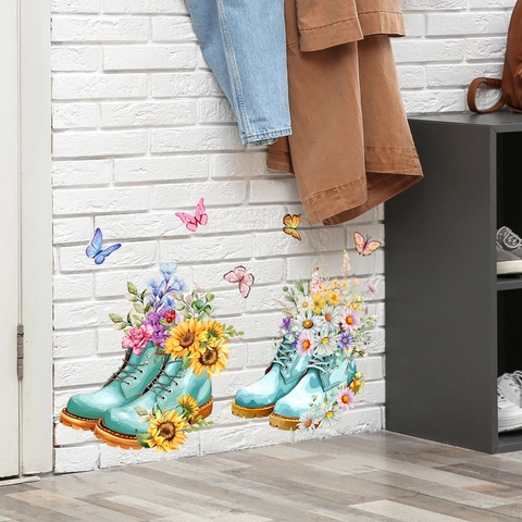 Adesivo da Parete Scarpe con Tacchi Alti Fiori e Farfalle Visibile su Due Lati Decalcomania in PVC per Finestre Soggiorno Camera da Letto