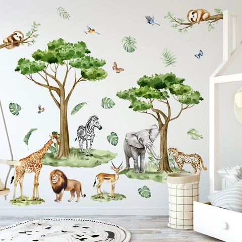 Adesivi Murali Animali Giungla Acquerello PVC Autoadhesivo Piante Tropicali Decalcomanie Rimovibili Per Decorazione Cameretta