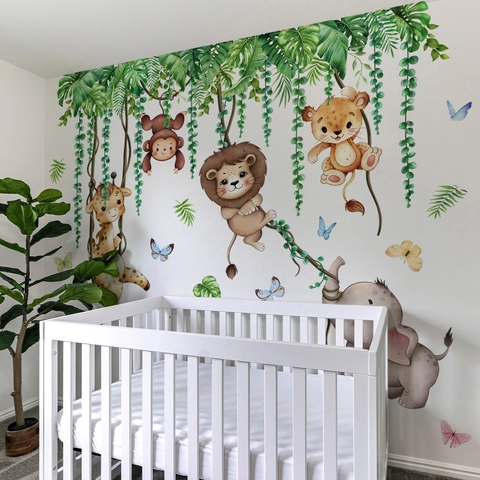 Cartoon Jungle Animal Wall Stickers Tropical Leaves Giraffe Lion Elephant Monkey Self Adhesive PVC Decal For Kids Room Decor