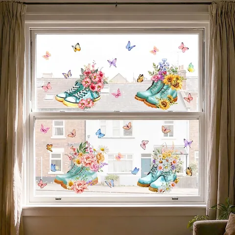 Adesivo da Parete Scarpe con Tacchi Alti Fiori e Farfalle Visibile su Due Lati Decalcomania in PVC per Finestre Soggiorno Camera da Letto