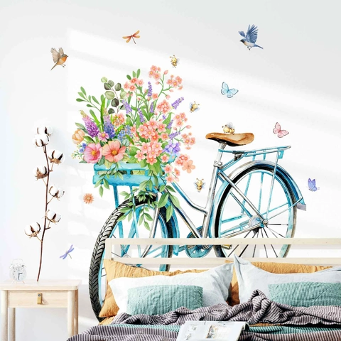 Aquarel Bloem Fiets Muurstickers Verwijderbare Florale Fiets Vlinder Vogel Decals Voor Woonkamer Slaapkamer Decoratie
