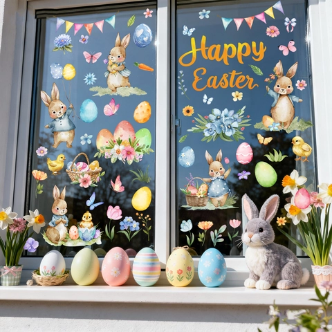 Easter Static Window Cling Stickers Watercolor Bunny Colorful Egg Flower Pot Removable PVC Decal For Holiday Home Decoration
