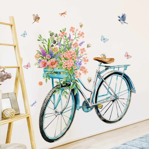 Aquarel Bloem Fiets Muurstickers Verwijderbare Florale Fiets Vlinder Vogel Decals Voor Woonkamer Slaapkamer Decoratie