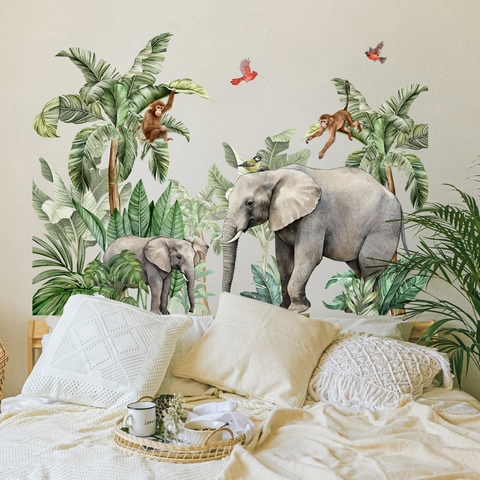 Adesivi Murali Animali Giungla Acquerello PVC Autoadhesivo Piante Tropicali Decalcomanie Rimovibili Per Decorazione Cameretta